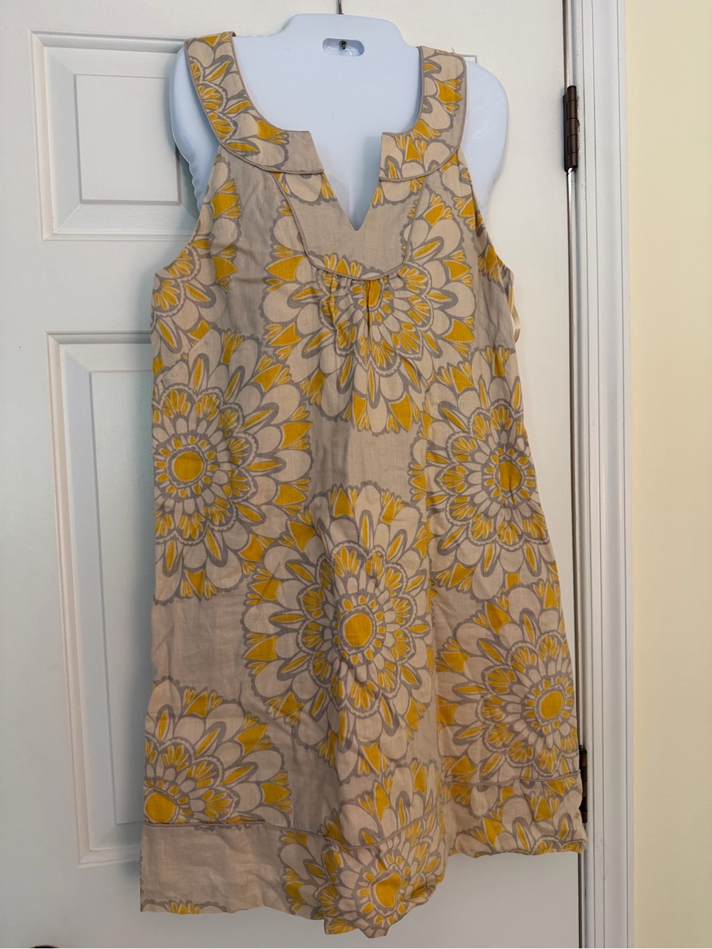 Ann Taylor LOFT Linen Cotton Floral Shift Dress Yellow Gray Size 10